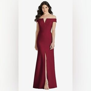 Dessy Collection OFF-THE-SHOULDER NOTCH TRUMPET GOWN FRONT SLIT BURGUNDY Sz 18